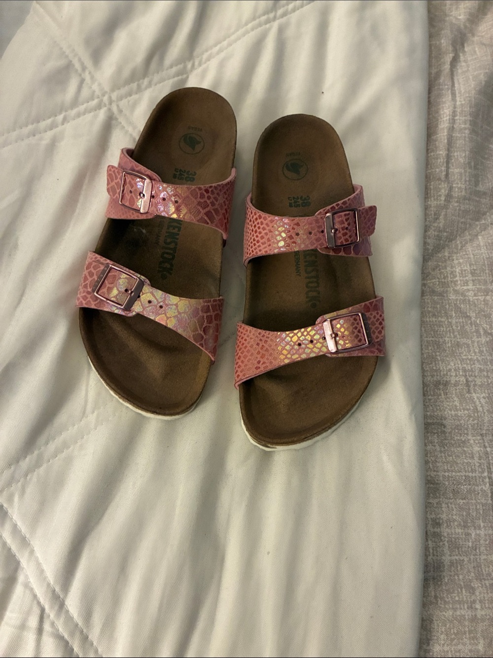 Birkenstock Pink Metallic Snake-Print Double Strap Sandals